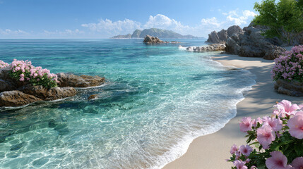 Serene beach scene featuring clear turquoise water, gentle waves, and vibrant pink flowers along shore. landscape includes rocky formations