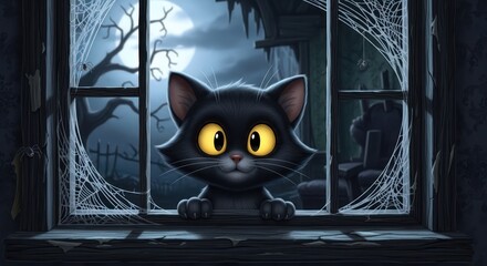A Cartoon Black Cat Stares with Big Eyes Through a Cobwebbed Window on a Full Moon Night