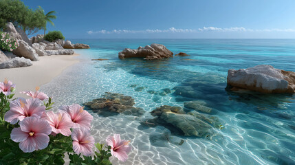 Fototapeta premium Serene beach scene featuring clear turquoise water, vibrant pink flowers, and rocky formations. tranquil atmosphere invites relaxation and peace