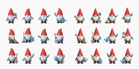 Collection of 3D rendered garden gnomes in various poses and holding gardening tools, such as shovels, spades, watering cans, and rakes, on a transparent background.