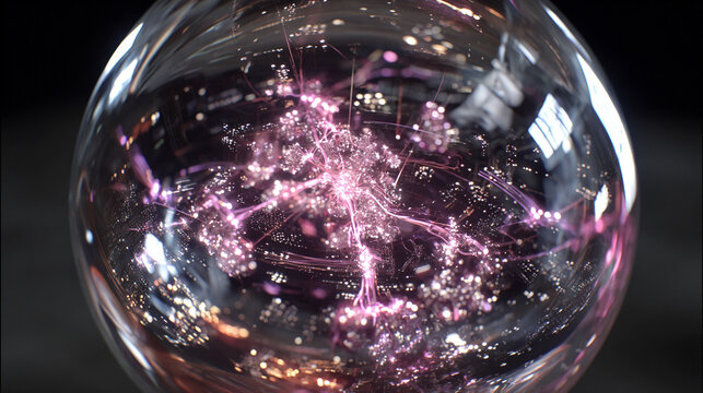 Light pulse traveling through a transparent data sphere with glowing circuits digital streams futuristic technology concept abstract visualization of information flow and connectivity