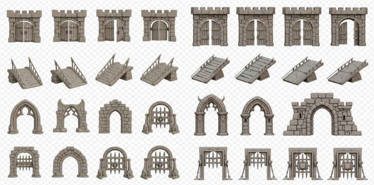 Collection of medieval stone castle elements including walls, gates, bridges, and arches on a transparent background.