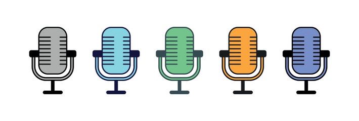Microphone Icon Set, Colorful Retro Mics, Flat Vector and Outline Styles for Podcasting, Audio, Recording