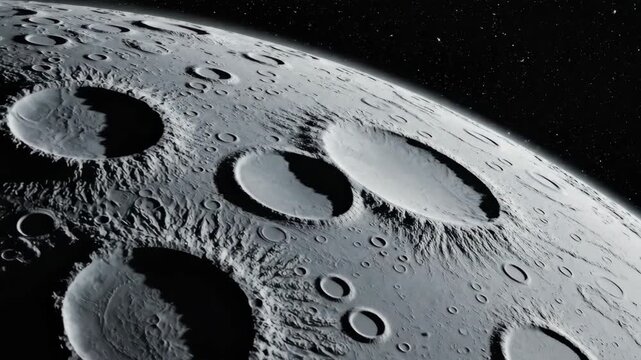 Close-up view of the textured lunar surface revealing craters and its barren terrain under a star-filled sky