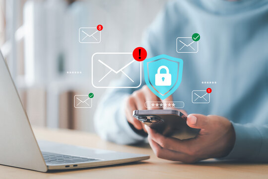 Cybersecurity protects Login , Businessman using mobile phone to log in securely with user interface screen data protection, privacy, warning notification and spam message.