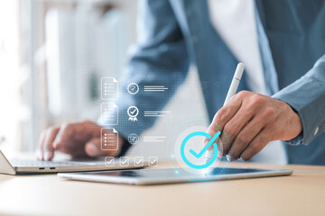 Checklist Businessman marks Document on digital checklist, representing quality assurance and...