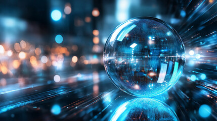 Light pulse traveling through a transparent data sphere with glowing circuits digital streams futuristic technology concept abstract visualization of information flow and connectivity