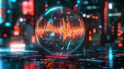 Light pulse traveling through a transparent data sphere with glowing circuits digital streams futuristic technology concept abstract visualization of information flow and connectivity