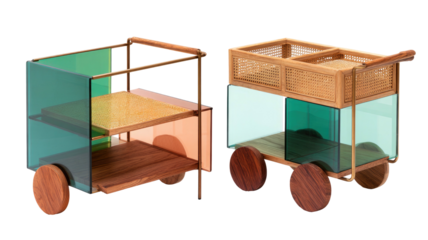 Two stylish serving carts with glass and wood details
