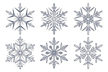 Obraz premium Six intricate blue line art snowflakes on a white background winter cold