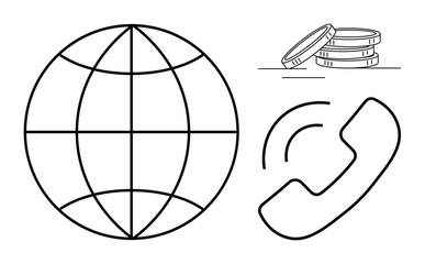 Minimalistic globe, phone receiver with signal lines, coin stack representing connectivity, finance, technology, and global communication. Ideal for business, economy, telecom investment trade