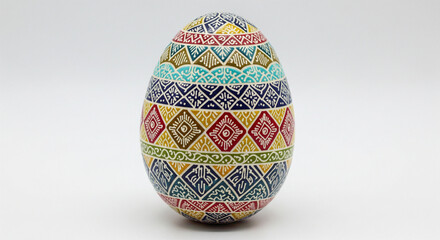 sebuah telur ayam yang diukir indah dengan ornament batik terusun rapih dan berbagai macam warna, baground putih