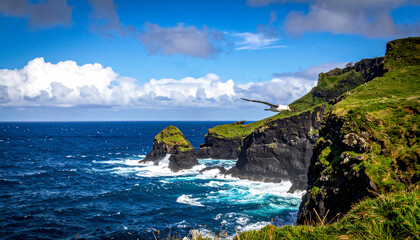 A majestic Albatross glides in flight over dramatic, steep coastal cliffs and the deep blue ocean. The scene captures the raw beauty of remote seabird habitats and the freedom of wild nature