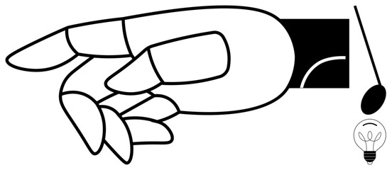 Robotic hand with articulated fingers poised to grasp, light bulb with hanging cord. Ideal for technology, automation, innovation, robotics, engineering, energy concepts futuristic ideas. Simple