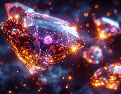 Close-up of faceted gems floating in a starry, shimmering nebula