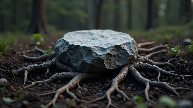 Solid rock rests on powerful tree roots emerging from fertile earth, symbolizing strength, stability, and deep connection to nature's enduring foundation.