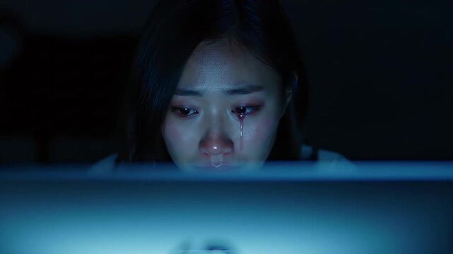 Upset young woman crying while looking at computer screen in dark room at night
