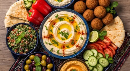 A colorful Mediterranean platter featuring hummus, fresh vegetables, olives, and falafel arranged on a rustic wooden table for a vibrant and healthy meal presentation