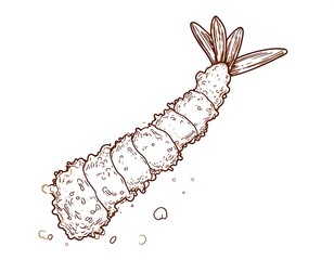 Line art illustration of a tempura shrimp with a fluffy batter