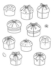 Line art illustration of various round cakes, some with bows and decorations, on a white background