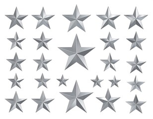 Metallic, five-pointed star shapes in varying sizes and arrangements