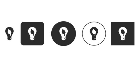 Collection of light bulb with leaf icons a set of simple monochrome vector illustrations depicting ecofriendly energy and sustainable solutions