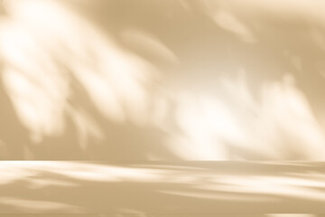 Wall interior autumn background, studio, and backdrops show products. with shadow leaf color beige background for text insertion and presentation of product	