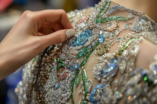 Woman's Hand Adding Beadwork Details To High Fashion Dress - Powered by Adobe