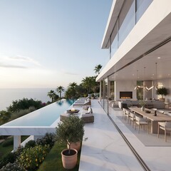 Modern architectural marvel with an infinity pool overlooking the ocean at sunset. A spacious, open-plan interior is visible