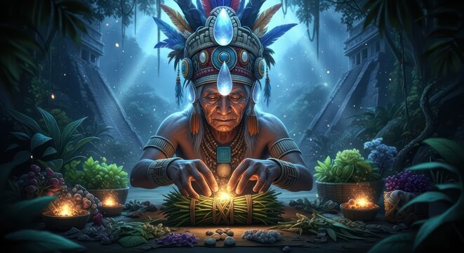 Indigenous elder channeling ancient energies in a mystical jungle setting evoking tradition