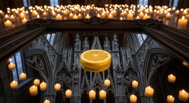 Juxtaposition of citrus vitality against the aged architectural grandeur in ambient candlelight - Powered by Adobe