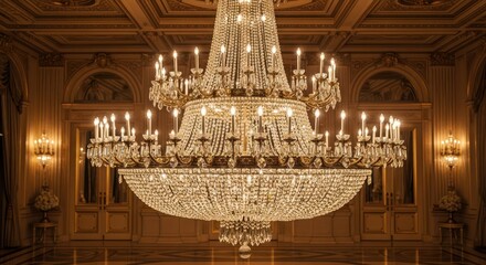Opulent crystal chandelier centerpiece illuminating a ballroom with golden hues and detailed