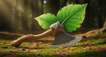 Stylized lumberjack axe embellished with vibrant green leaves in a lush forest setting