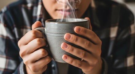 Person Holding Steaming Hot Coffee Cup in Hands Closeup