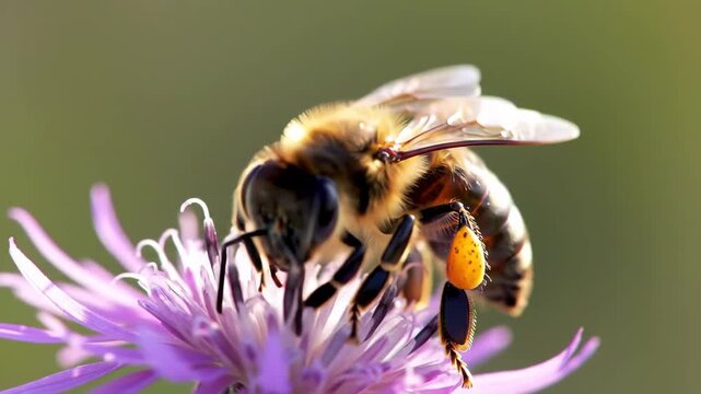 Macro close up of a honeybee collecting yellow pollen on a purple flower.