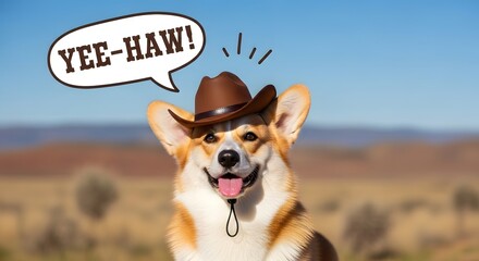 A cheerful dog wearing a cowboy hat with a speech bubble saying 'YEE-HAW!' in a rural landscape during daytime