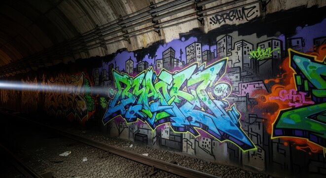 Urban expression artistic street art colorful graffiti in dimly lit tunnel section