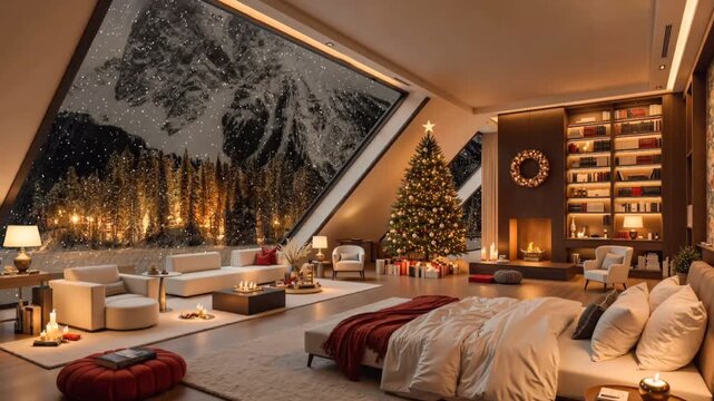 Cozy luxury bedroom with Christmas decorations, warm fireplace, glowing lights, and a snowy mountain view through large glass windows &mdash; perfect winter holiday interior design inspiration for comfort 
