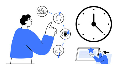 Man analyzing human senses icons with touch, smell, sight, and thought large clock and teacher using tablet. Ideal for education, time management, training, learning, self-awareness research simple