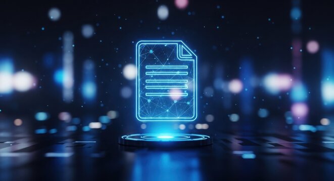 Digital document icon data security and network connection on glowing futuristic platform