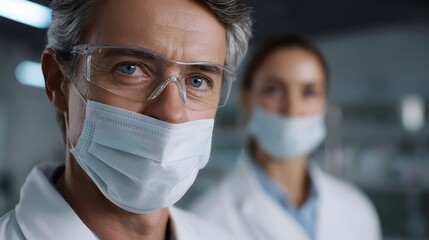 Male and female scientists wearing protective masks and safety glasses look towards the in a research laboratory