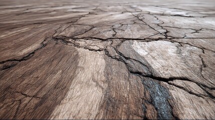 Closeup view of cracked wooden floorboards with a distressed texture, showing intricate lines and weathered grain patterns