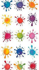 Colorful paint splatter collection, multicolor comic-style blobs and drops isolated on white background.
