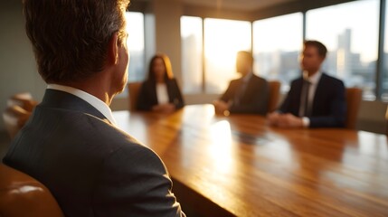 Business professionals in a modern corporate boardroom bathed in the warm light of a golden hour sunset engaged in a meeting