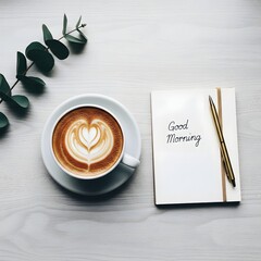 A peaceful morning scene featuring a cup of coffee with latte art, a notebook with 'Good Morning' written on it, and a gold pen on a light wooden surface with a eucalyptus branch