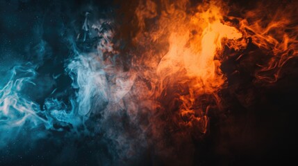 Fototapeta premium 3D render of smoke and fire against a dark background with orange and blue colors, depicting a smoke explosion with copy space in the background