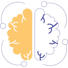Abstract Illustration of Human Brain Half Solid Orange Half Outlined With Blue Neurons Showing Cognitive Process And Technology Connection