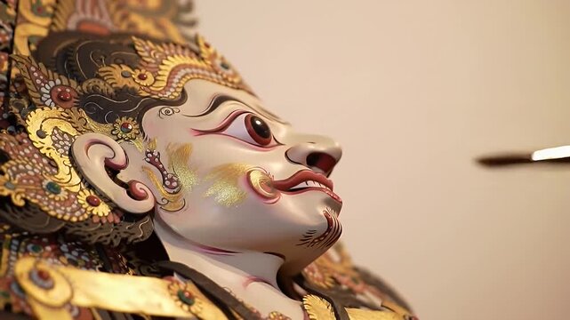 Crafting Tradition: Close-Up of Hand Skillfully Painting Intricate Details on Wayang Golek Puppet