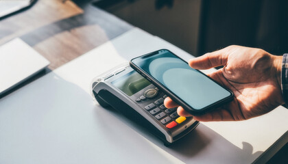 Customer making a contactless payment with a smartphone using NFC technology