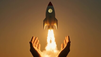 Silhouette of hands launching a rocket into the air with a fiery trail against a dark background with warm tones.